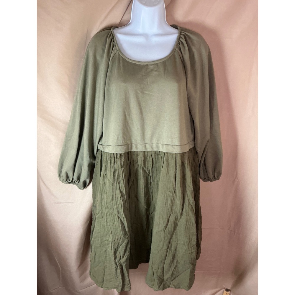 Mikarose Dress Women Large Olive Green New Mixed Media Modest Boho Long Sleeve